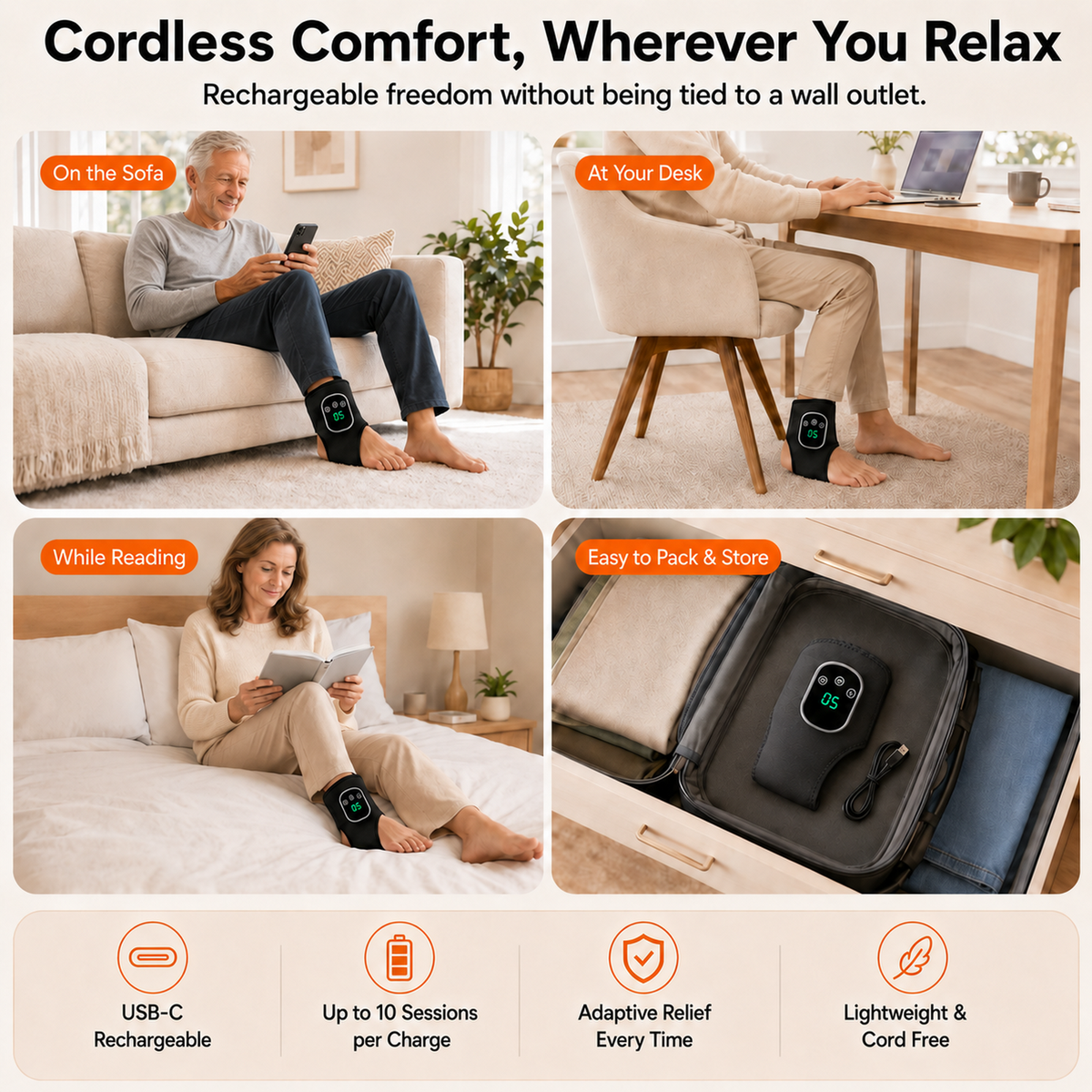 Cordless Ankle Massager for Neuropathy with 6 Heat and 3 Vibration